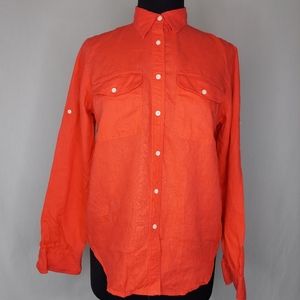 Lauren Ralph Lauren LRL Linen Shirt Pocket Collar Button Long Sleeve Orange Medi